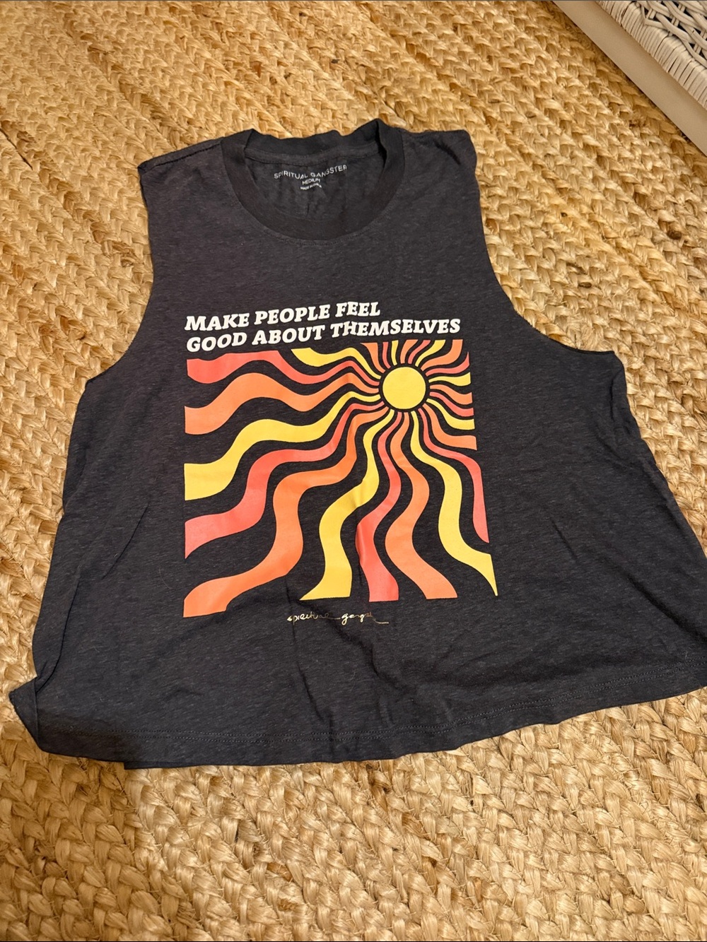 Spiritual Gangster Black Graphic Muscle Tank with Retro Sun in Yellow & Orange